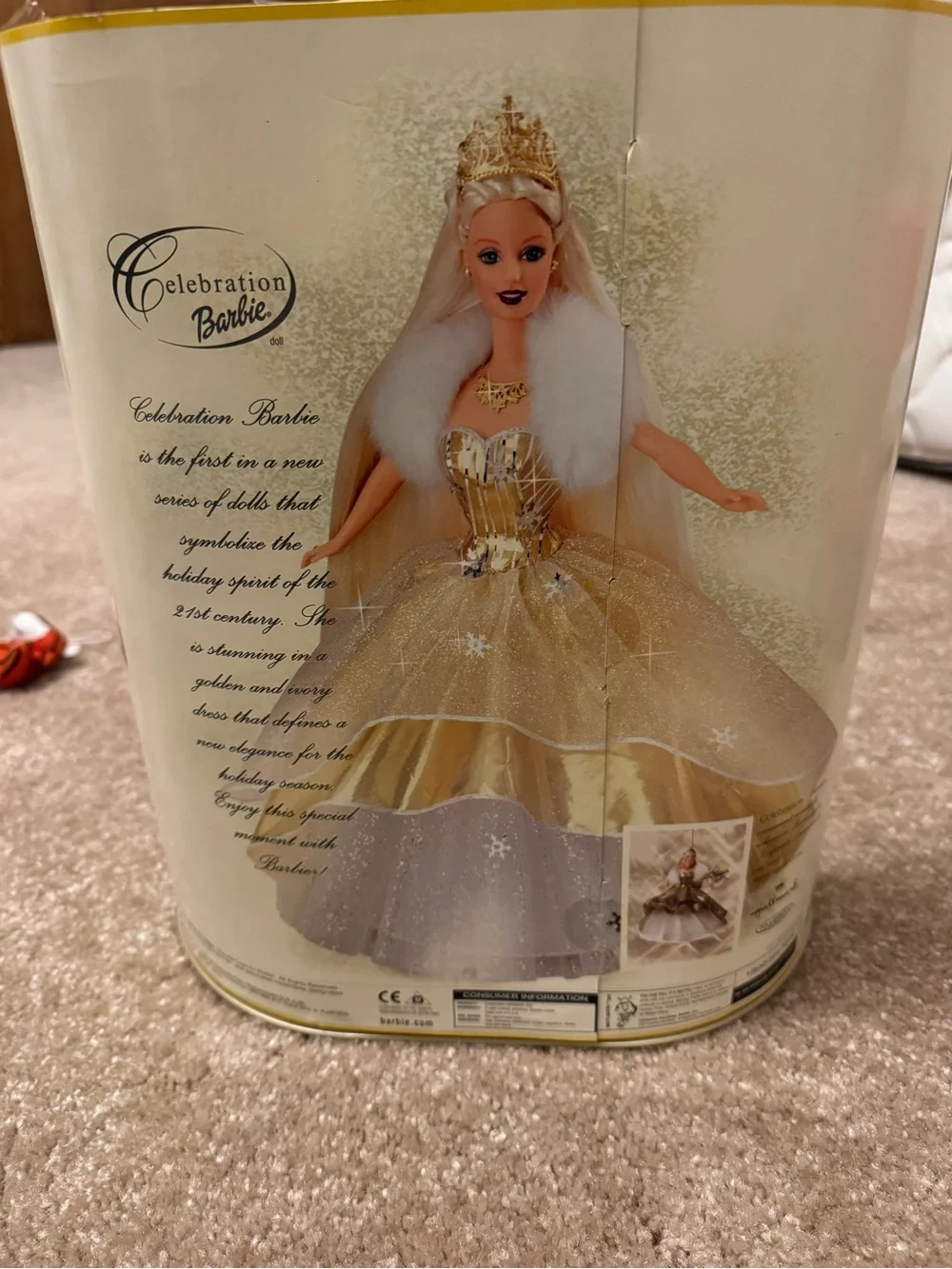 Barbie Gold Celebration Party Doll with White Fur and Ornament